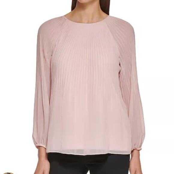 Calvin Klein Women Peach Minimalist Style Pleated Chiffon Blouse Size M - Picture 2 of 11
